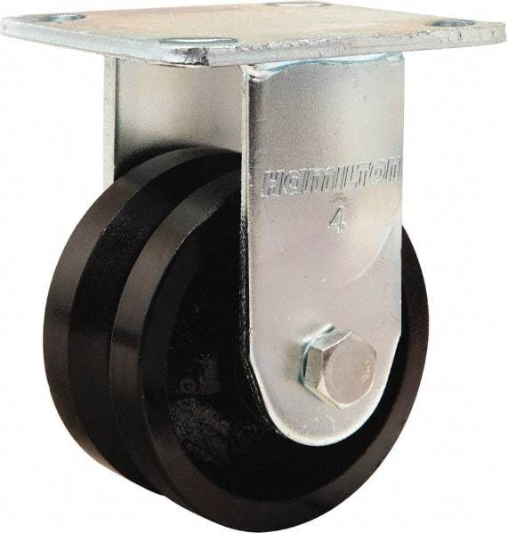 Hamilton - 4" Diam x 2" Wide, Iron Rigid Caster - 800 Lb Capacity, Top Plate Mount, 4" x 4-1/2" Plate, Straight Roller Bearing - Caliber Tooling