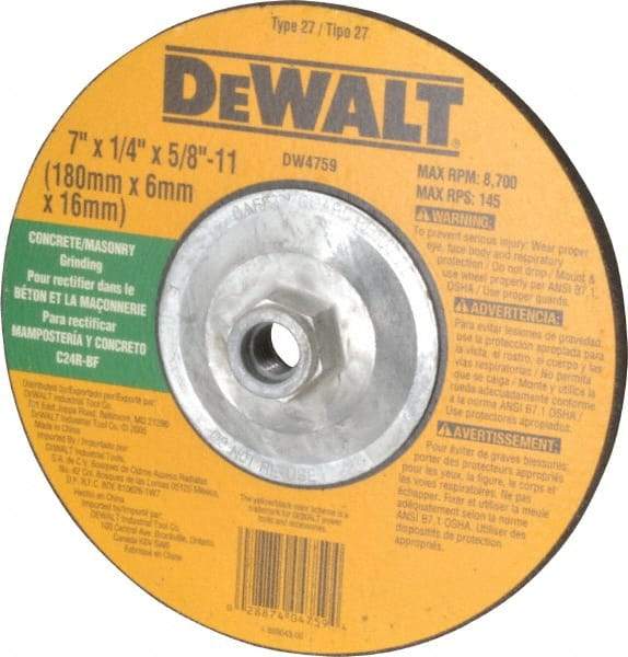 DeWALT - 24 Grit, 7" Wheel Diam, 1/4" Wheel Thickness, Type 27 Depressed Center Wheel - Silicon Carbide, R Hardness, 8,700 Max RPM, Compatible with Angle Grinder - Caliber Tooling