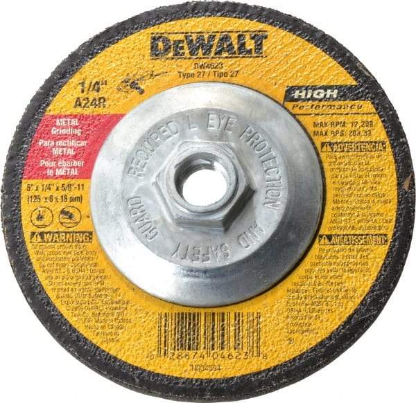 DeWALT - 24 Grit, 5" Wheel Diam, 1/4" Wheel Thickness, Type 27 Depressed Center Wheel - Aluminum Oxide, R Hardness, 12,200 Max RPM, Compatible with Angle Grinder - Caliber Tooling