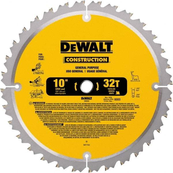 DeWALT - 10" Diam, 5/8" Arbor Hole Diam, 32 Tooth Wet & Dry Cut Saw Blade - Carbide-Tipped, General Purpose Action, Standard Round Arbor - Caliber Tooling