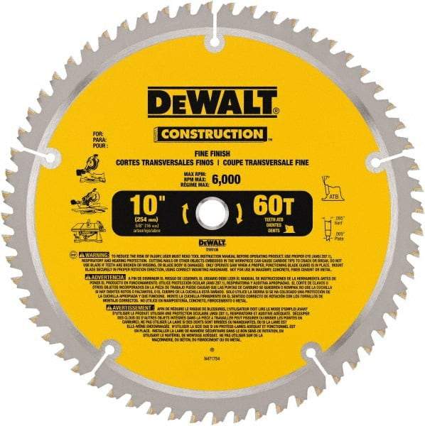 DeWALT - 10" Diam, 5/8" Arbor Hole Diam, 60 Tooth Wet & Dry Cut Saw Blade - Carbide-Tipped, Fine Finishing Action, Standard Round Arbor - Caliber Tooling