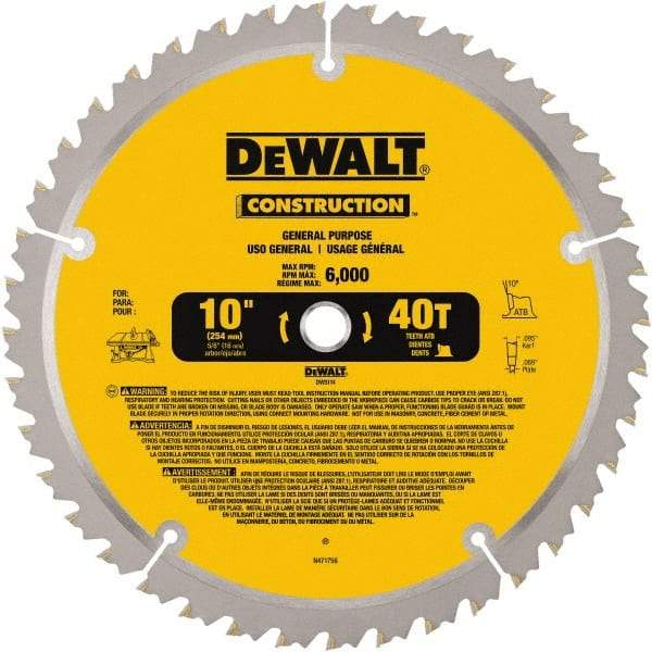 DeWALT - 10" Diam, 5/8" Arbor Hole Diam, 40 Tooth Wet & Dry Cut Saw Blade - Carbide-Tipped, General Purpose Action, Standard Round Arbor - Caliber Tooling