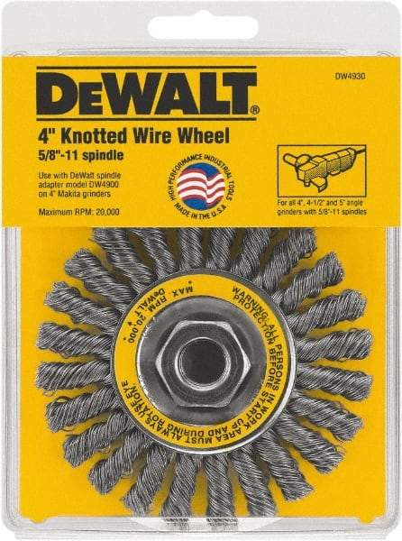 DeWALT - 4" OD, 5/8" Arbor Hole, Knotted Steel Wheel Brush - 4" Face Width, 1" Trim Length - Caliber Tooling