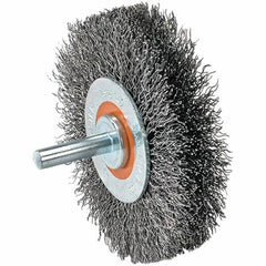 WALTER Surface Technologies - 1-3/8" OD, 1/4" Shank Diam, Crimped Steel Wheel Brush - 1/4" Face Width, 0.008" Filament Diam, 25,000 RPM - Caliber Tooling