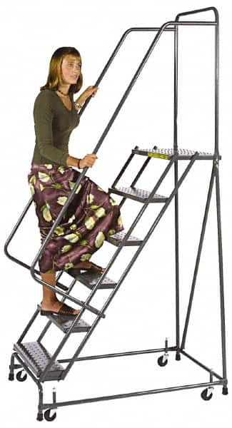 Ballymore - 73" 4 Step Ladder - Spring Loaded Rolling Safety Ladder, 450 Lb Capacity, 38" Platform Height, 30" Base Width x 35" Base Depth, Perforated Tread - Caliber Tooling