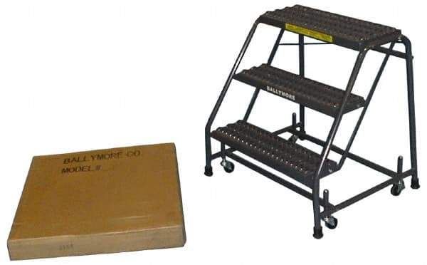 Ballymore - 28-1/2" 3 Step Ladder - Spring Loaded Rolling Safety Ladder, 450 Lb Capacity, 28-1/2" Platform Height, 20" Base Width x 25" Base Depth, Perforated Tread - Caliber Tooling