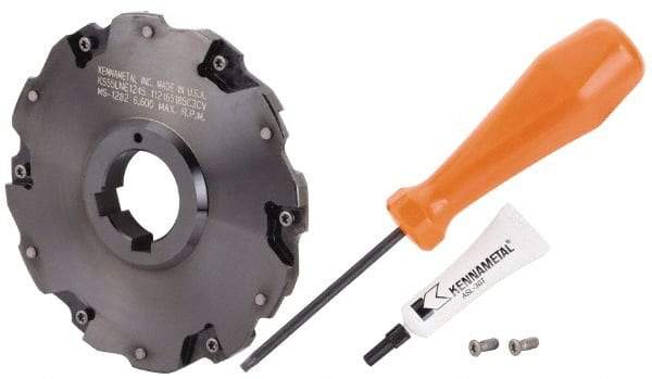 Kennametal - Arbor Hole Connection, 5/16" Cutting Width, 1.435" Depth of Cut, 5" Cutter Diam, 1-1/4" Hole Diam, 6 Tooth Indexable Slotting Cutter - 90° LN Toolholder, LNE 1245... Insert - Caliber Tooling