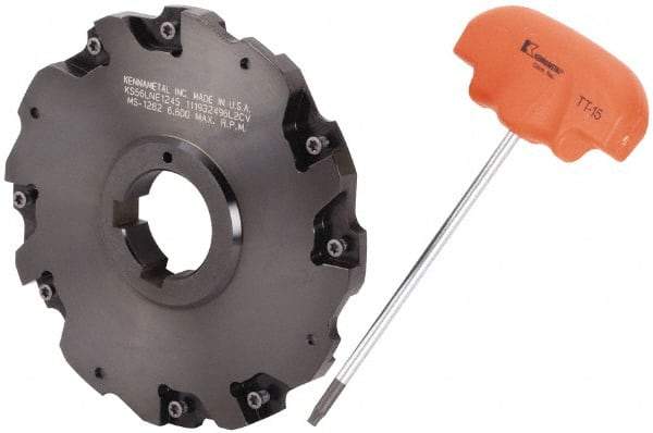 Kennametal - Arbor Hole Connection, 3/8" Cutting Width, 1.466" Depth of Cut, 5" Cutter Diam, 1-1/4" Hole Diam, 4 Tooth Indexable Slotting Cutter - 90° LN Toolholder, LNE 1245... Insert - Caliber Tooling