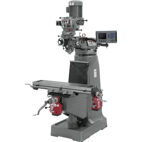 Jet - 9" Table Width x 42" Table Length, Step Pulley Control, 1 Phase Knee Milling Machine - R8 Spindle Taper, 2 hp - Caliber Tooling