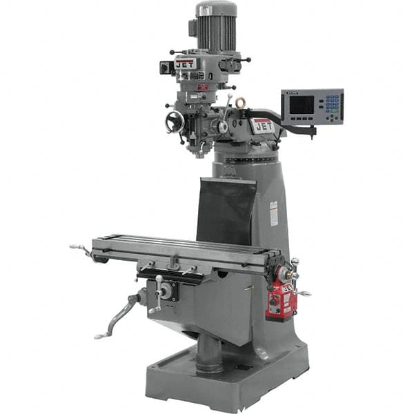 Jet - 9" Table Width x 42" Table Length, Step Pulley Control, 1 Phase Knee Milling Machine - R8 Spindle Taper - Caliber Tooling