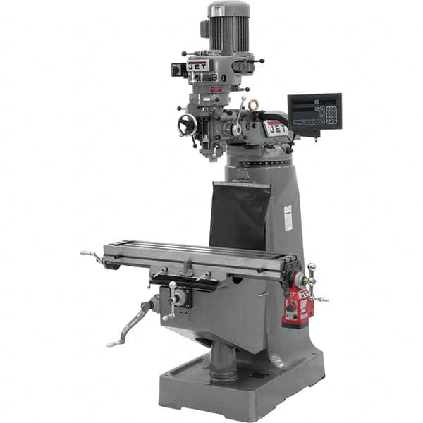 Jet - 9" Table Width x 42" Table Length, Step Pulley Control, 1 Phase Knee Milling Machine - R8 Spindle Taper, 2 hp - Caliber Tooling