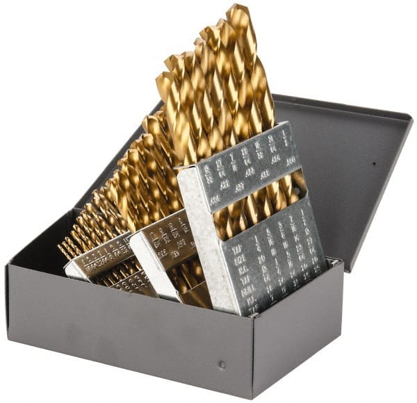 Chicago-Latrobe - 1/16 to 1/2", 135° Point, TiN Finish, Cobalt Jobber Length Drill Bit Set - Caliber Tooling