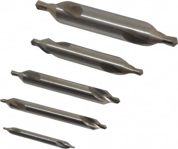 Chicago-Latrobe - 5 Piece, #1 to 5, 1/8 to 7/16" Body Diam, 3/64 to 3/16" Point Diam, Plain Edge, High Speed Steel Combo Drill & Countersink Set - 60° Incl Angle, 1/8 to 2-3/4" OAL, Double End, 217 Series Compatibility - Caliber Tooling