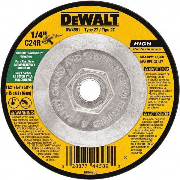 DeWALT - 24 Grit, 4-1/2" Wheel Diam, 1/4" Wheel Thickness, Type 27 Depressed Center Wheel - Silicon Carbide, Resinoid Bond, 13,300 Max RPM - Caliber Tooling