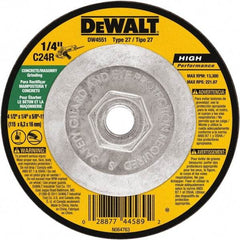 DeWALT - 24 Grit, 4-1/2" Wheel Diam, 1/4" Wheel Thickness, Type 27 Depressed Center Wheel - Silicon Carbide, Resinoid Bond, 13,300 Max RPM - Caliber Tooling