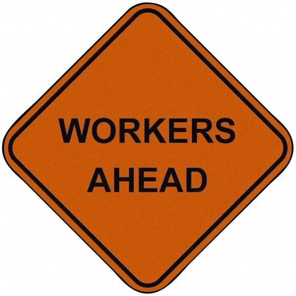 PRO-SAFE - "Workers Ahead", 48" Wide x 48" High, Nylon Construction Roadway Signs - Orange, Square, Sign Stand Mount - Caliber Tooling