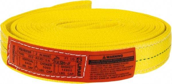 Lift-All - 20' Long x 2" Wide, 6,400 Lb Vertical Capacity, 2 Ply, Polyester Web Sling - 5,000 Lb Choker Capacity, Yellow - Caliber Tooling