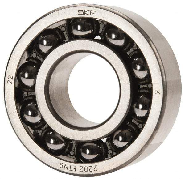 SKF - 15mm Bore Diam, 35mm OD, Open Self Aligning Radial Ball Bearing - 14mm Wide, 2 Rows, Round Bore, 459 Lb Static Capacity, 1,960 Lb Dynamic Capacity - Caliber Tooling