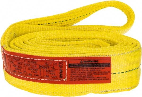 Lift-All - 12' Long x 3" Wide, 8,600 Lb Vertical Capacity, 2 Ply, Polyester Web Sling - 6,900 Lb Choker Capacity, Yellow - Caliber Tooling