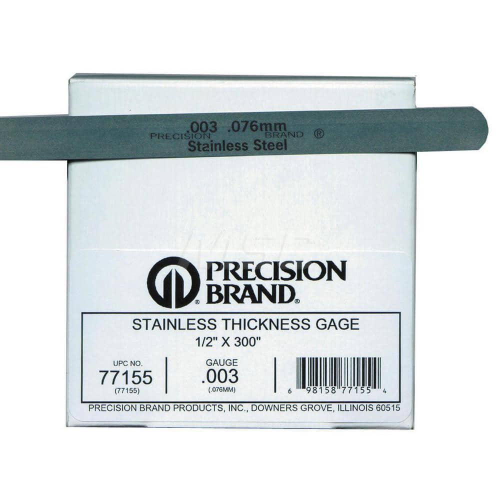 Feeler Gages; Thickness (mm): .005; Leaf Length (Inch): 25; Leaf Length (mm): 25; Material: Stainless Steel; Leaf Width: .5 in; Width (mm): 0.500; Tapered or Parallel: Flat; Thickness: .005; Material: Stainless Steel; Leaf Length: 25; Width: 0.500; Leaf S