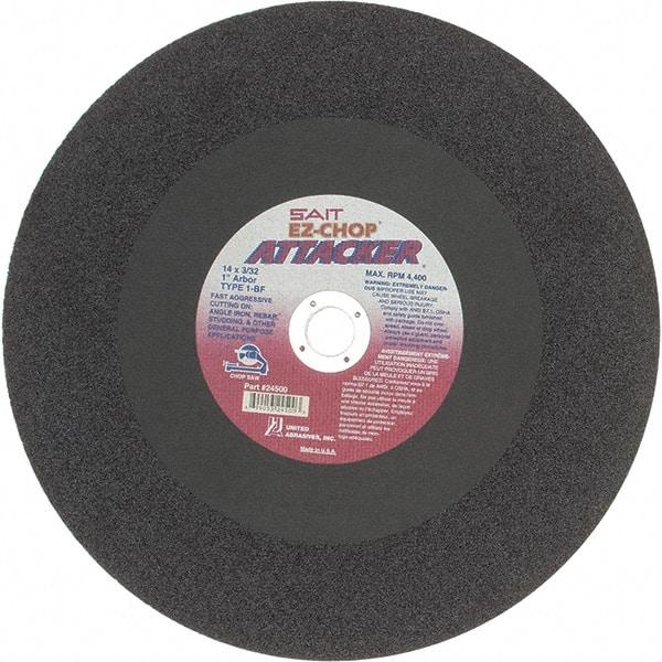 Sait - 14" Aluminum Oxide Cutoff Wheel - 3/32" Thick, 1" Arbor, 4,400 Max RPM, Use with Chop Saws - Caliber Tooling