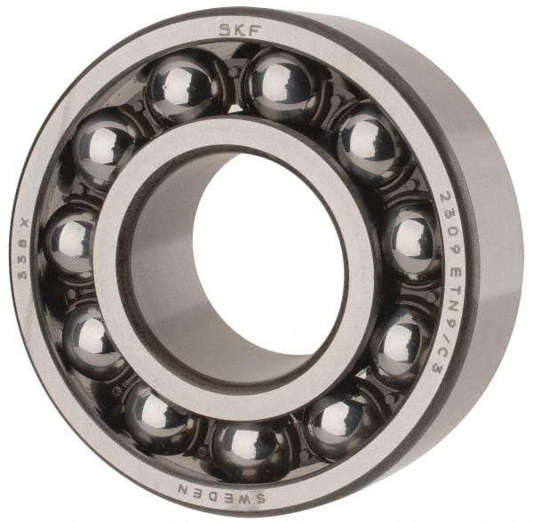 SKF - 45mm Bore Diam, 100mm OD, Open Self Aligning Radial Ball Bearing - 36mm Wide, 2 Rows, Round Bore, 4,340 Lb Static Capacity, 14,300 Lb Dynamic Capacity - Caliber Tooling