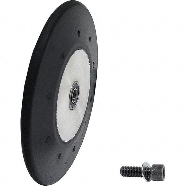 Dynabrade - 4" Diam x 1/2" Wide Contact Wheel Assembly - 1/4" Arbor Hole, Radiused, 70 Duro Rubber Face - Caliber Tooling