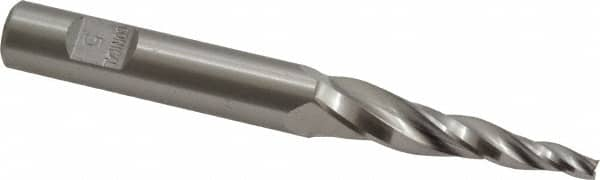 Made in USA - 5° Taper Angle per Side, 1/8" Small End Diam, 1-1/2" LOC, High Speed Steel 3 Flute Tapered Square End Mill - 3-1/4" OAL, 3/8" Shank Diam, Spiral Flute - Caliber Tooling