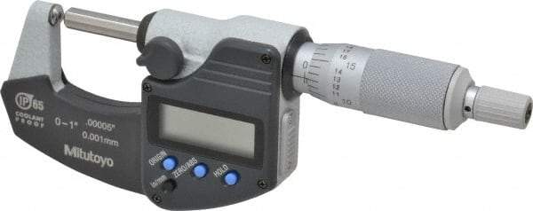 Mitutoyo - 25.4mm Max Measurement, Spherical Face Micrometer - Accuracy Up to 0.0001 Inch, Data Output, 0.0001 Inch Resolution, Electronic Operation, Ratchet Stop Thimble, IP65 Water Resistance Rating, SR44 Battery - Caliber Tooling