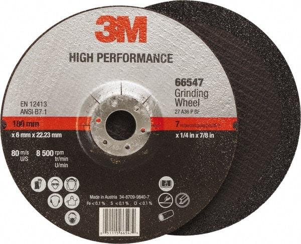 3M - 36 Grit, 7" Wheel Diam, 1/4" Wheel Thickness, 7/8" Arbor Hole, Type 27 Depressed Center Wheel - Ceramic, Resinoid Bond, 8,500 Max RPM, Compatible with Angle Grinder - Caliber Tooling