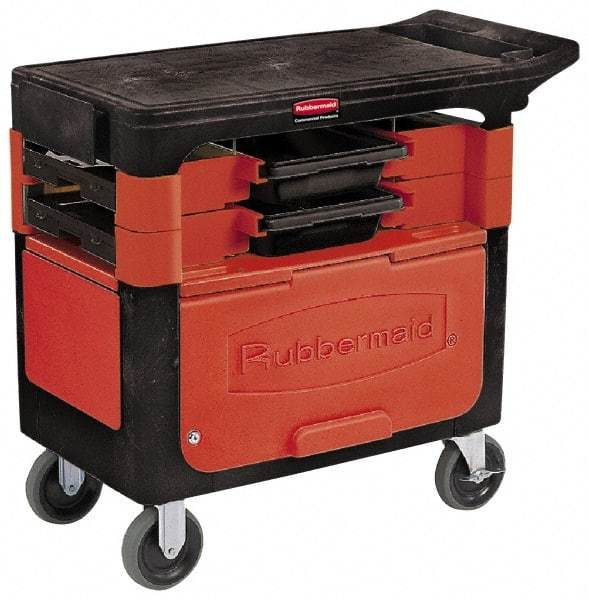 Rubbermaid - 350 Lb Capacity, 2 Shelf Trade Cart - 19" Wide x 38" Deep x 33-3/8" High, Plastic, Black/Red - Caliber Tooling