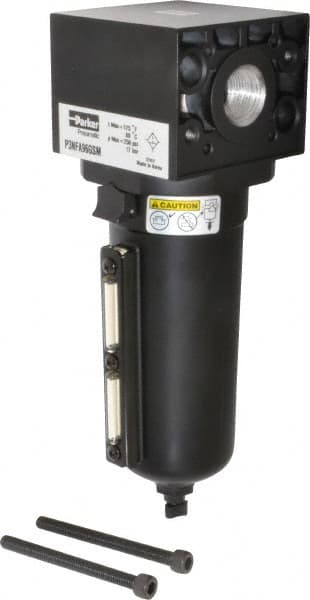 Parker - 3/4" Port, 10.95" High x 3.62" Wide Heavy Duty Filter with Metal Bowl, Manual Drain - 270 SCFM, 250 Max psi, 175°F Max Temp, Sight Glass Included, Modular Connection, 18 oz Bowl Capacity - Caliber Tooling