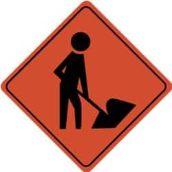 NMC - "Worker Digging", 24" Wide x 24" High, Aluminum Traffic Control Signs - 0.08" Thick, Black on Orange, High Intensity Reflectivity, Diamond, Post Mount - Caliber Tooling