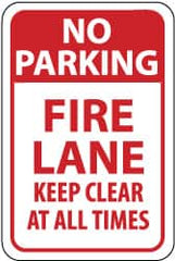 NMC - "No Parking - Fire Lane - Keep Clear at All Times", 12" Wide x 18" High, Aluminum Fire Lane Signs - 0.063" Thick, Red on White, Rectangle, Post Mount - Caliber Tooling