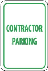 NMC - "Contractor Parking", 12" Wide x 18" High, Aluminum Reserved Parking Signs - 0.063" Thick, Green on White, Rectangle, Post Mount - Caliber Tooling