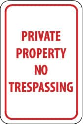 NMC - "Private Property - No Trespassing", 12" Wide x 18" High, Aluminum Parking Lot Traffic Signs - 0.063" Thick, Red on White, Rectangle, Post Mount - Caliber Tooling