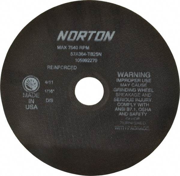 Norton - 8" 36 Grit Aluminum Oxide Cutoff Wheel - 1/16" Thick, 1-1/4" Arbor, 7,640 Max RPM, Use with Stationary Grinders - Caliber Tooling