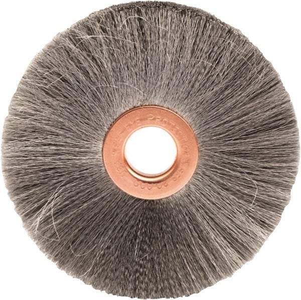 Weiler - 3" OD, 1/2" Arbor Hole, Crimped Steel Wheel Brush - 5/8" Face Width, 1" Trim Length, 0.003" Filament Diam, 20,000 RPM - Caliber Tooling