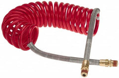 Parker - 3/8" ID, 1/2 x 1/2 Thread, 15' Long, Red SAE J844 Type B Nylon Coiled & Self Storing Hose - 150 Max psi, Parker NTA Brass Fittings - Caliber Tooling