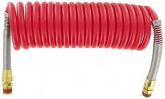 Parker - 3/8" ID, 1/2 x 1/2 Thread, 15' Long, Red SAE J844 Type B Nylon Coiled & Self Storing Hose - 150 Max psi, Parker NTA Brass Fittings - Caliber Tooling