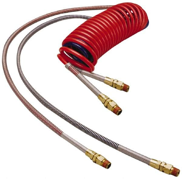 Parker - 3/8" ID, 1/2 x 1/2 Thread, 15' Long, (1) Red & (1) Blue SAE J844 Type B Nylon Coiled & Self Storing Hose - 150 Max psi, Parker NTA Brass Fittings - Caliber Tooling