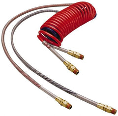 Parker - 3/8" ID, 1/2 x 1/2 Thread, 15' Long, (1) Red & (1) Blue SAE J844 Type B Nylon Coiled & Self Storing Hose - 150 Max psi, Parker NTA Brass Fittings - Caliber Tooling