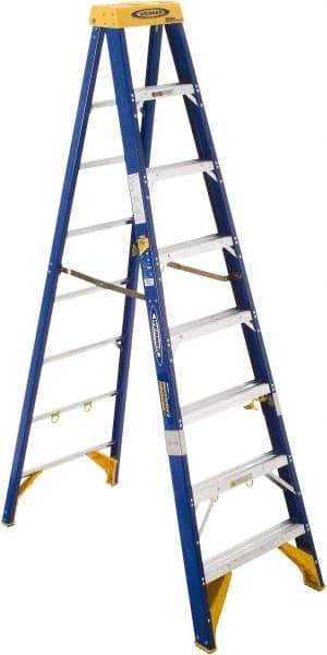 Werner - 8 Steps, 8' High, Type IAA Rating, Fiberglass Step Ladder - 375 Lb Load Capacity, 26-7/8" Base Width - Caliber Tooling