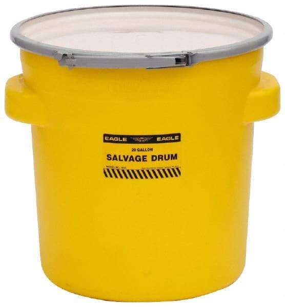 Eagle - 20 Gallon Capacity, Metal Lever Lock, Yellow Salvage Drum - 5 Gallon Container, 165 Lb. Capacity, Polyethylene, UN 1H2/X75/S Listing - Caliber Tooling