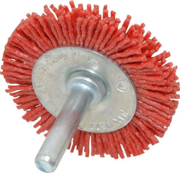 Value Collection - 2" OD, 1/4" Shank Diam, Crimped Nylon Wheel Brush - 1/4" Face Width, 5/16" Trim Length, 4,500 RPM - Caliber Tooling