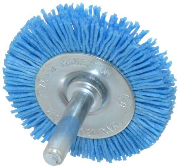 Value Collection - 2" OD, 1/4" Shank Diam, Crimped Nylon Wheel Brush - 1/4" Face Width, 5/16" Trim Length, 4,500 RPM - Caliber Tooling