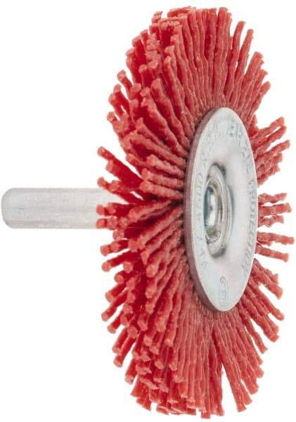 Value Collection - 2-3/8" OD, 1/4" Shank Diam, Crimped Nylon Wheel Brush - 1/4" Face Width, 5/16" Trim Length, 4,500 RPM - Caliber Tooling