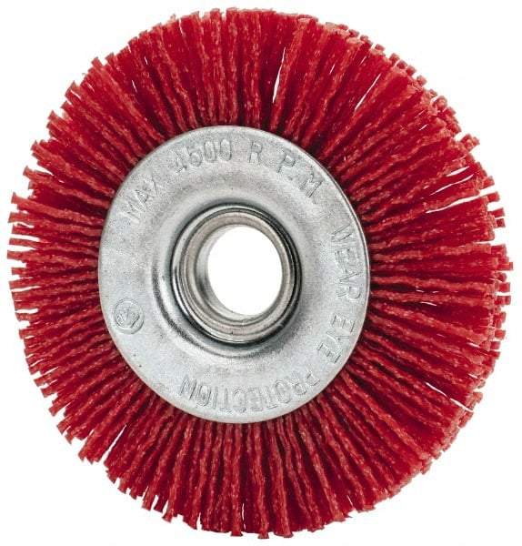 Value Collection - 3" OD, 1/2" Shank Diam, 1/2" Arbor Hole, Crimped Nylon Wheel Brush - 3/8" Face Width, 5/16" Trim Length, 4,500 RPM - Caliber Tooling