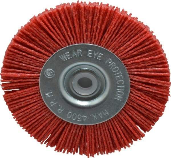 Value Collection - 4" OD, 1/2" Shank Diam, 1/2" Arbor Hole, Crimped Nylon Wheel Brush - 1/2" Face Width, 5/16" Trim Length, 4,500 RPM - Caliber Tooling