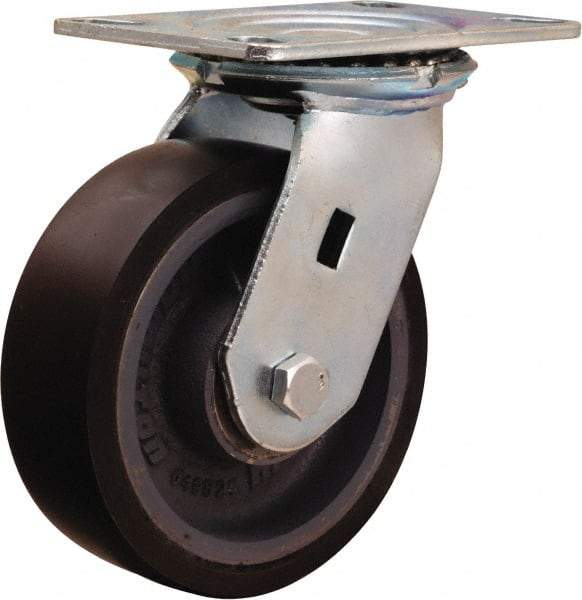 Hamilton - 6" Diam x 2" Wide x 7-1/2" OAH Top Plate Mount Swivel Caster - Polyurethane Mold onto Cast Iron Center, 1,500 Lb Capacity, Sealed Precision Ball Bearing, 4-1/2 x 6-1/4" Plate - Caliber Tooling